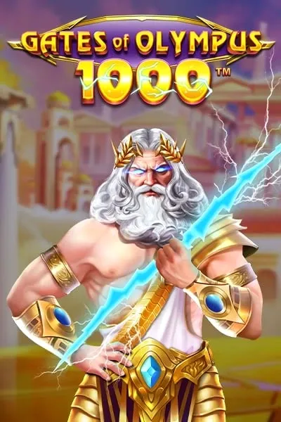 Slot game cover for 'Gates of Olympus 1000' featuring Zeus, the Greek god, with glowing blue eyes, a lightning bolt in his hand, and golden armor, set against a backdrop of an ancient Olympus city.