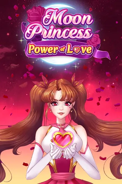 Slot game cover for 'Moon Princess: Power of Love' featuring an anime-style princess with long brown hair, wearing a magical girl outfit, holding a glowing heart against a pink and purple starry background