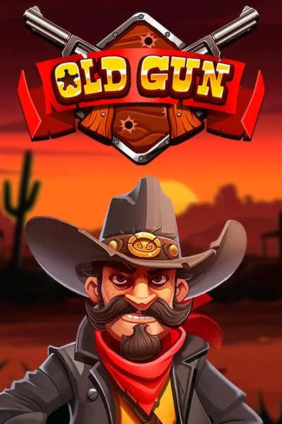 Slot game cover for 'Old Gun' featuring a cowboy with a mustache, hat, and red bandana, set against a Wild West sunset backdrop with cacti and a desert landscape