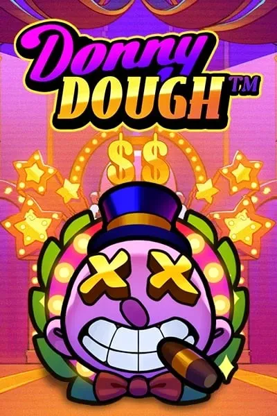 Slot game cover for 'Donny Dough' featuring a cartoonish character with a round purple face, X-shaped eyes, a cigar, and a top hat, surrounded by glowing stars and dollar signs