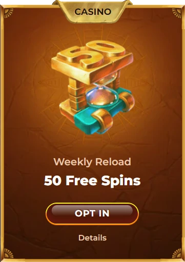 Golden 3D-style money safe icon with text 'Weekly Reload - 50 Free Spins' and an 'Opt-in' button