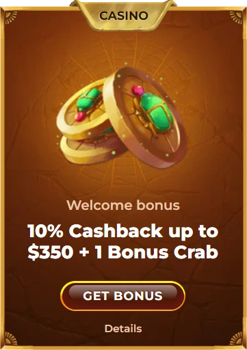 Golden shield with green gem and text '10% Cashback up to $350 + 1 Bonus Crab' with a 'Get Bonus' button