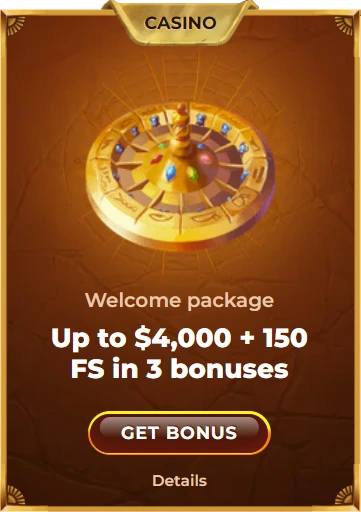 Golden coin image with text 'Welcome package - Up to $4,000 + 150 FS in 3 bonuses' and a 'Get Bonus' button