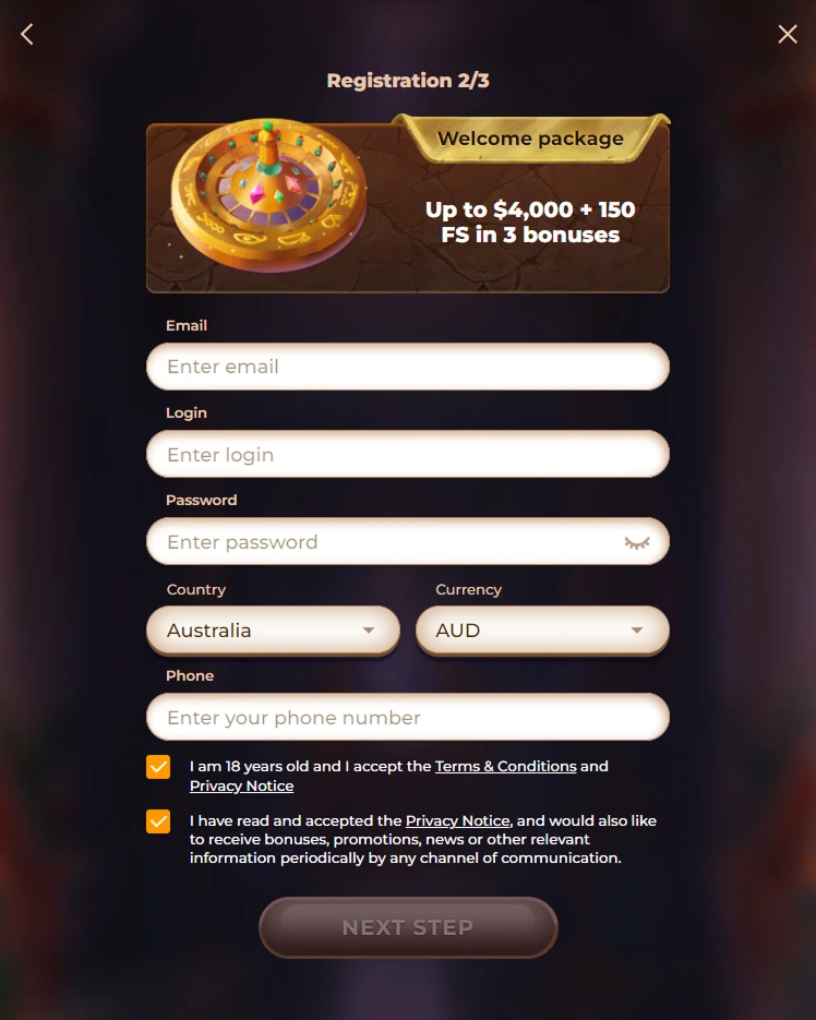 A page with multiple bonus options displayed in a list format with golden-themed icons